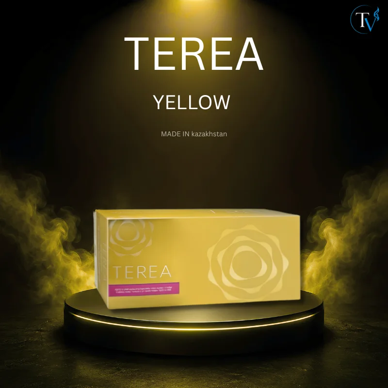 TEREA Yellow Kazakhstan box with vibrant yellow branding alongside heated tobacco sticks for IQOS ILUMA