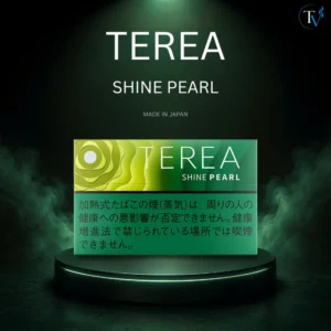 A full carton box of Japanese TEREA Shine Pearl heatsticks featuring official Japanese labeling and a distinct mint-green gradient design.